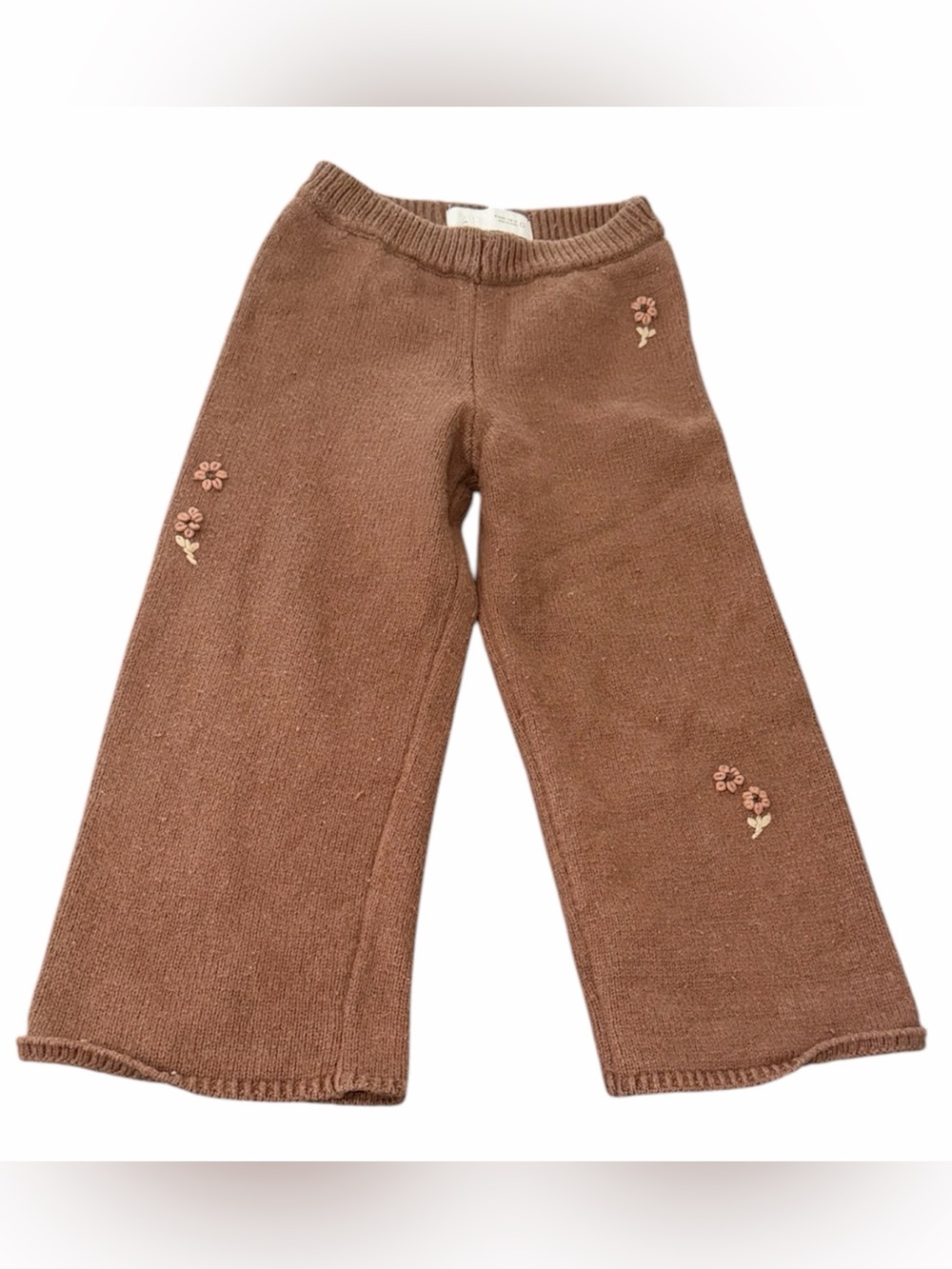 ZARA Kids Brown Knit Wide-Leg Bottoms with Floral Embroidery